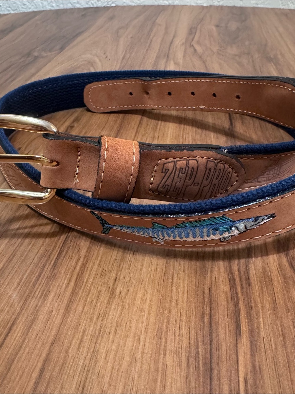 Leather & Canvas Belt. Brass Buckle Fish Embroidery Fishing Sailor Boating SZ 36